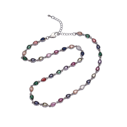Beautiful 14K Gold Filled CZ Multicolor Teardrop Bezel 15 Inch Necklace in Gold & Silver