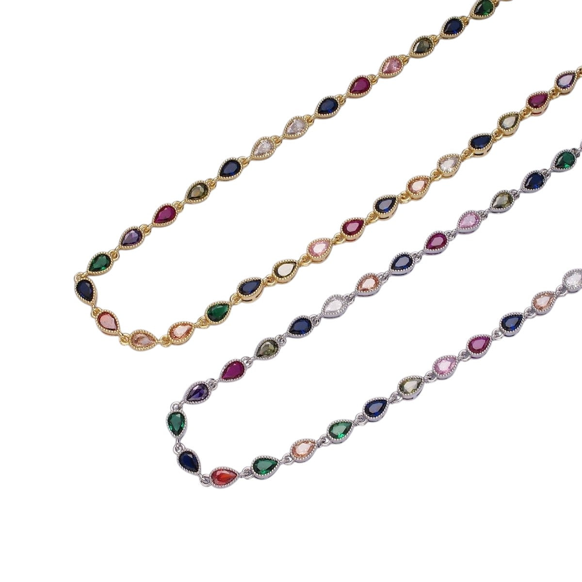 Beautiful 14K Gold Filled CZ Multicolor Teardrop Bezel 15 Inch Necklace in Gold & Silver