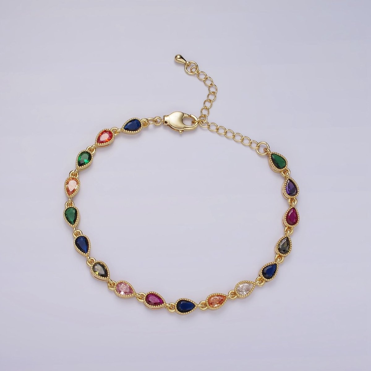 14K Gold Filled CZ Multicolor Teardrop Bezel 7 Inch Bracelet in Gold & Silver