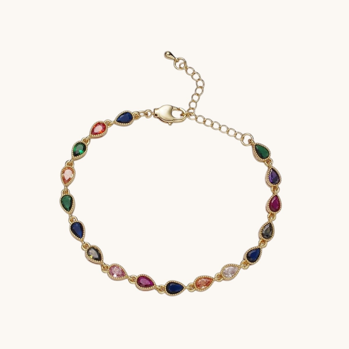14K Gold Filled CZ Multicolor Teardrop Bezel 7 Inch Bracelet in Gold or Silver