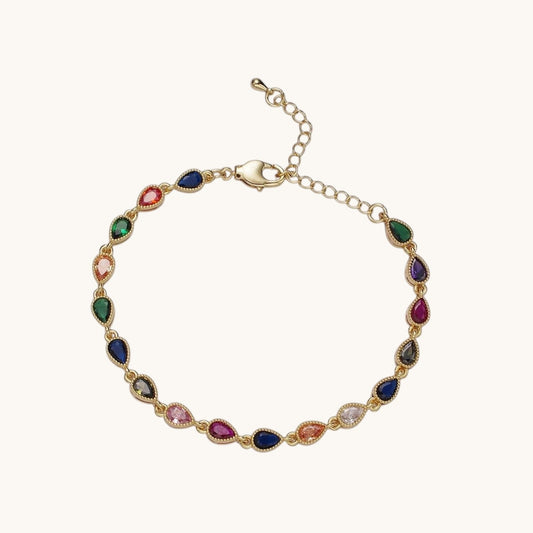 Beautiful 14K Gold-Filled CZ Multicolor Teardrop Bezel 7 Inch Bracelet in Gold or Silver