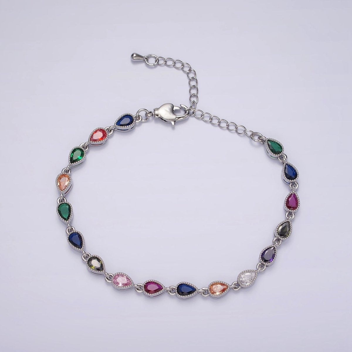 14K Gold Filled CZ Multicolor Teardrop Bezel 7 Inch Bracelet in Gold & Silver