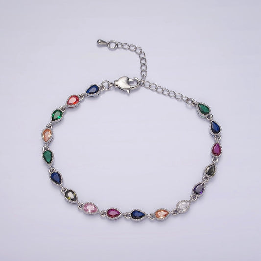 14K Gold Filled CZ Multicolor Teardrop Bezel 7 Inch Bracelet in Gold & Silver