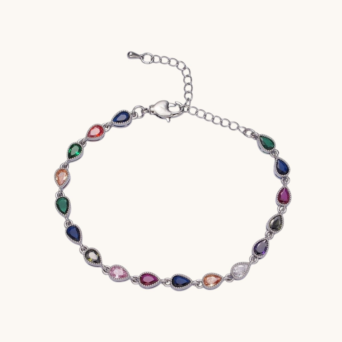 14K Gold Filled CZ Multicolor Teardrop Bezel 7 Inch Bracelet in Gold or Silver
