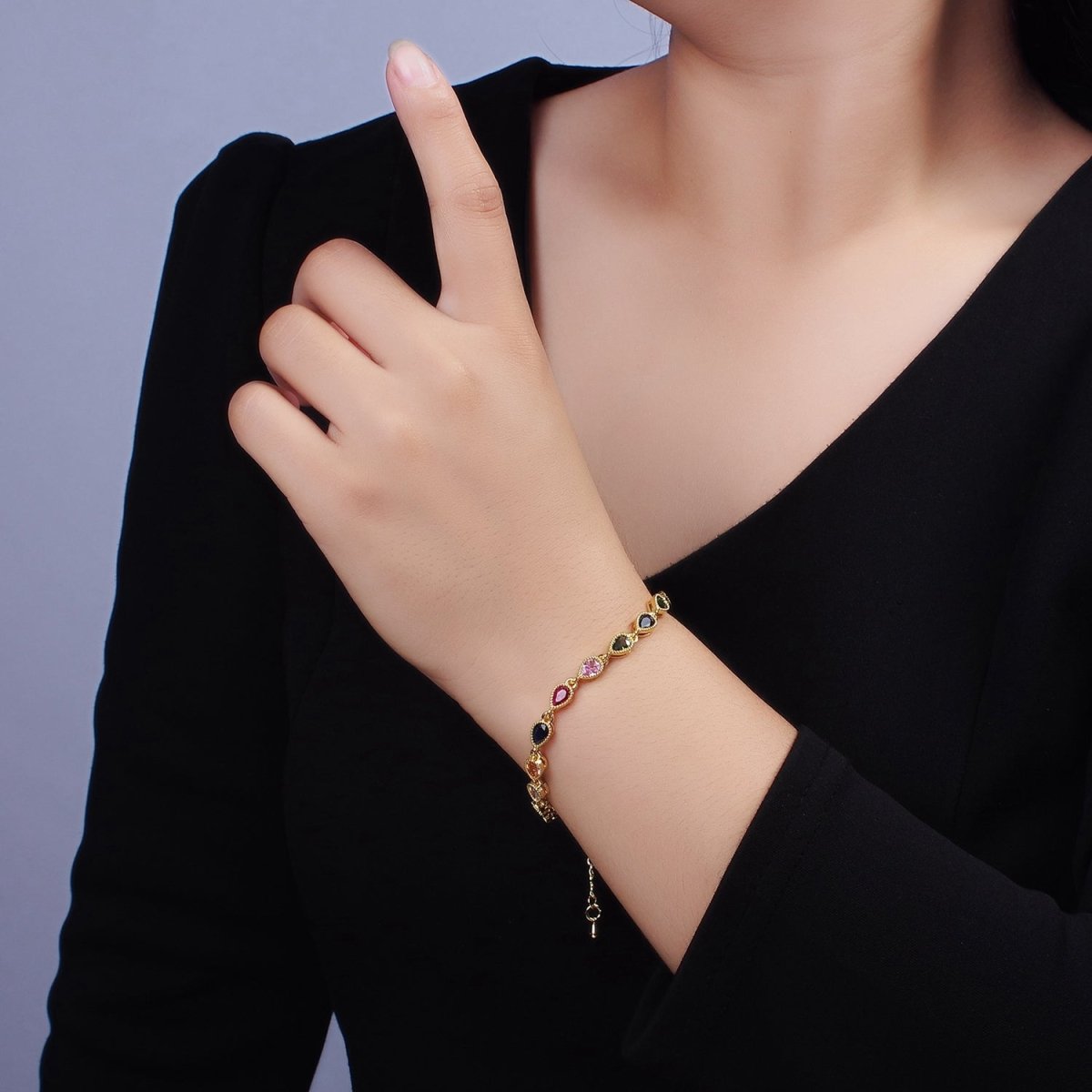 14K Gold Filled CZ Multicolor Teardrop Bezel 7 Inch Bracelet in Gold & Silver