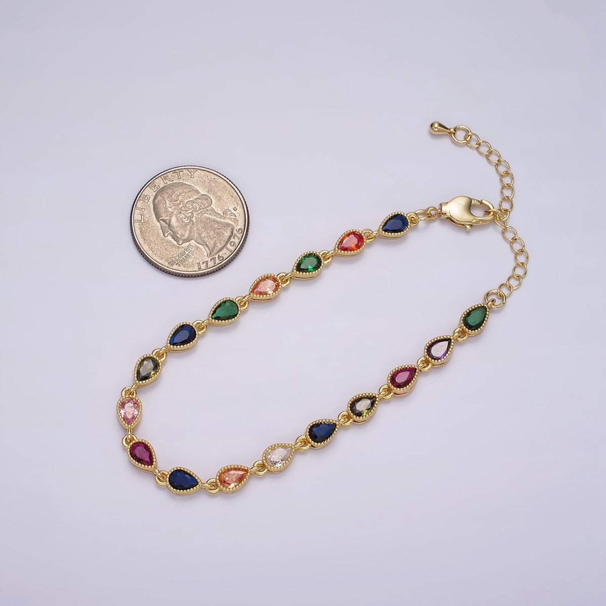 14K Gold Filled CZ Multicolor Teardrop Bezel 7 Inch Bracelet in Gold & Silver