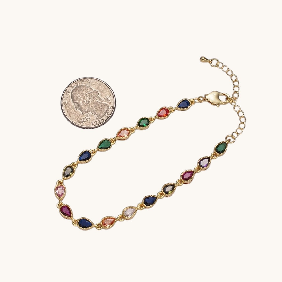 14K Gold Filled CZ Multicolor Teardrop Bezel 7 Inch Bracelet in Gold or Silver