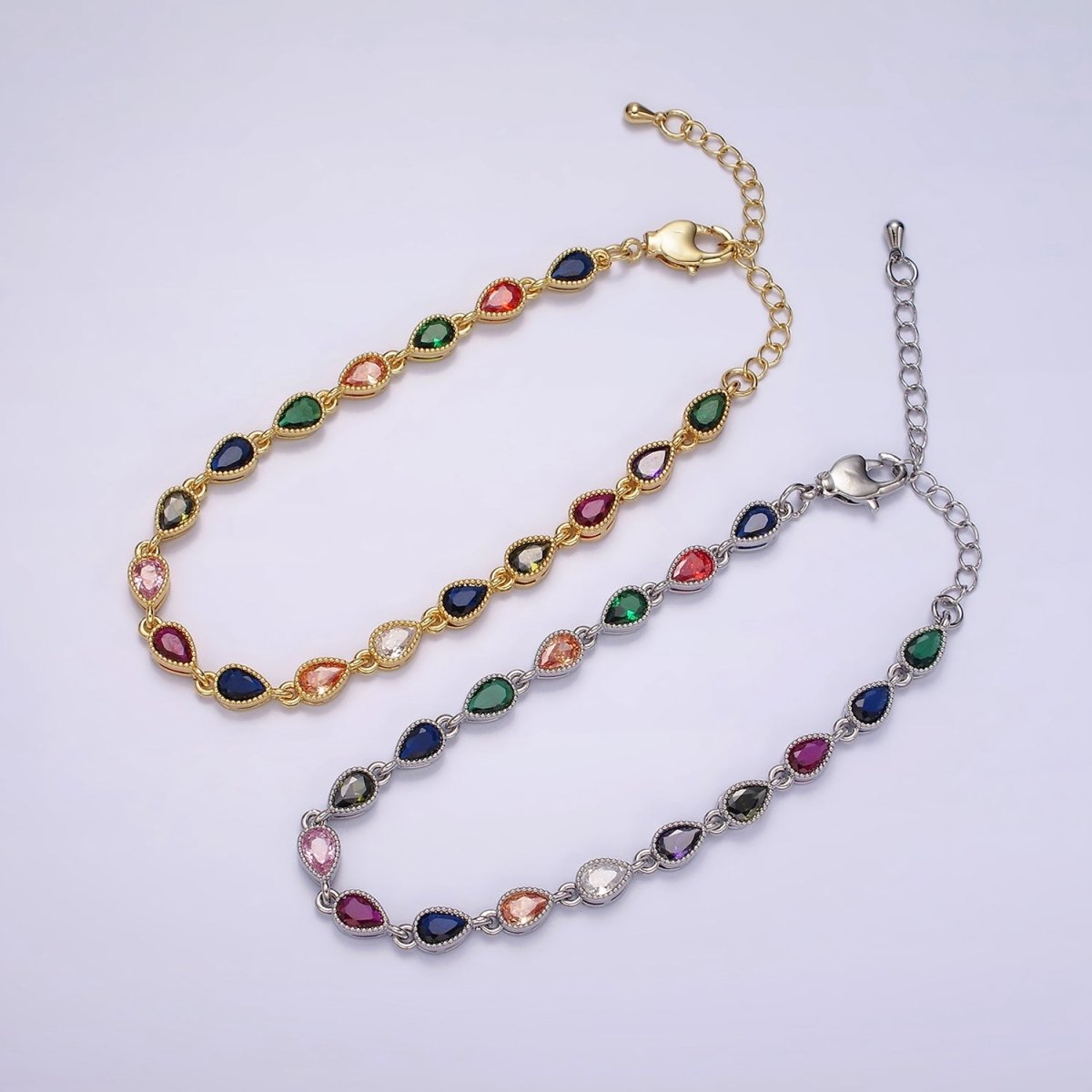 14K Gold Filled CZ Multicolor Teardrop Bezel 7 Inch Bracelet in Gold & Silver
