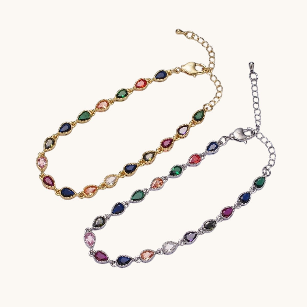 14K Gold Filled CZ Multicolor Teardrop Bezel 7 Inch Bracelet in Gold or Silver