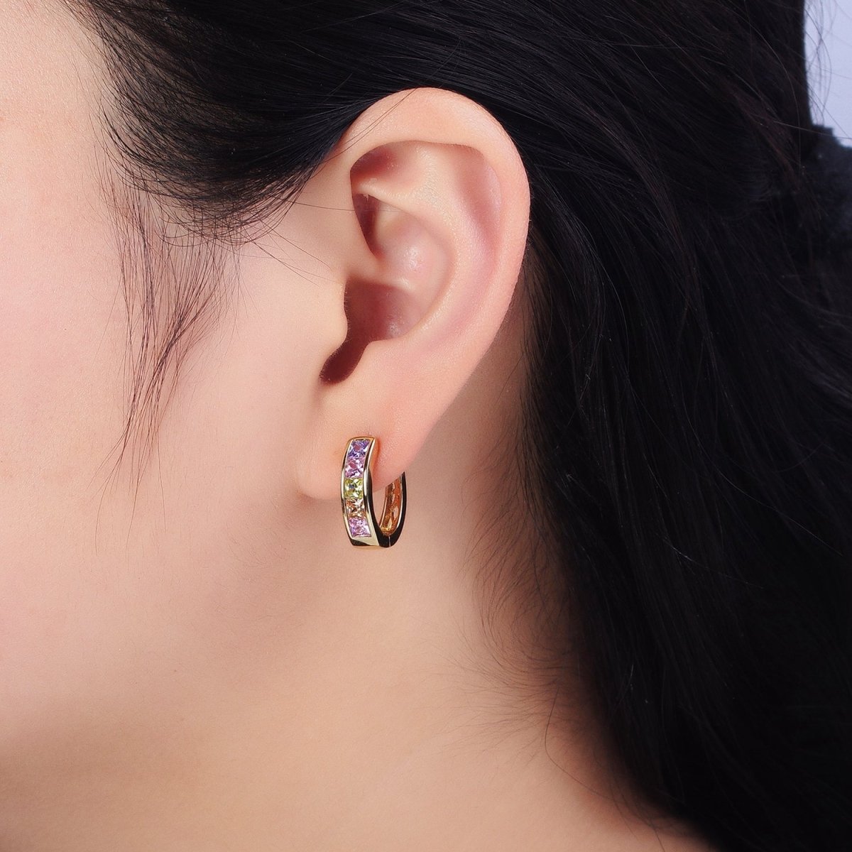 14K Gold Filled CZ Pastel Multicolor Square Checkered Huggie Earrings