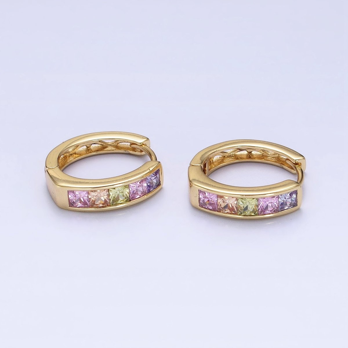 14K Gold Filled CZ Pastel Multicolor Square Checkered Huggie Earrings