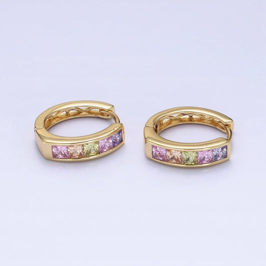 14K Gold Filled CZ Pastel Multicolor Square Checkered Huggie Earrings