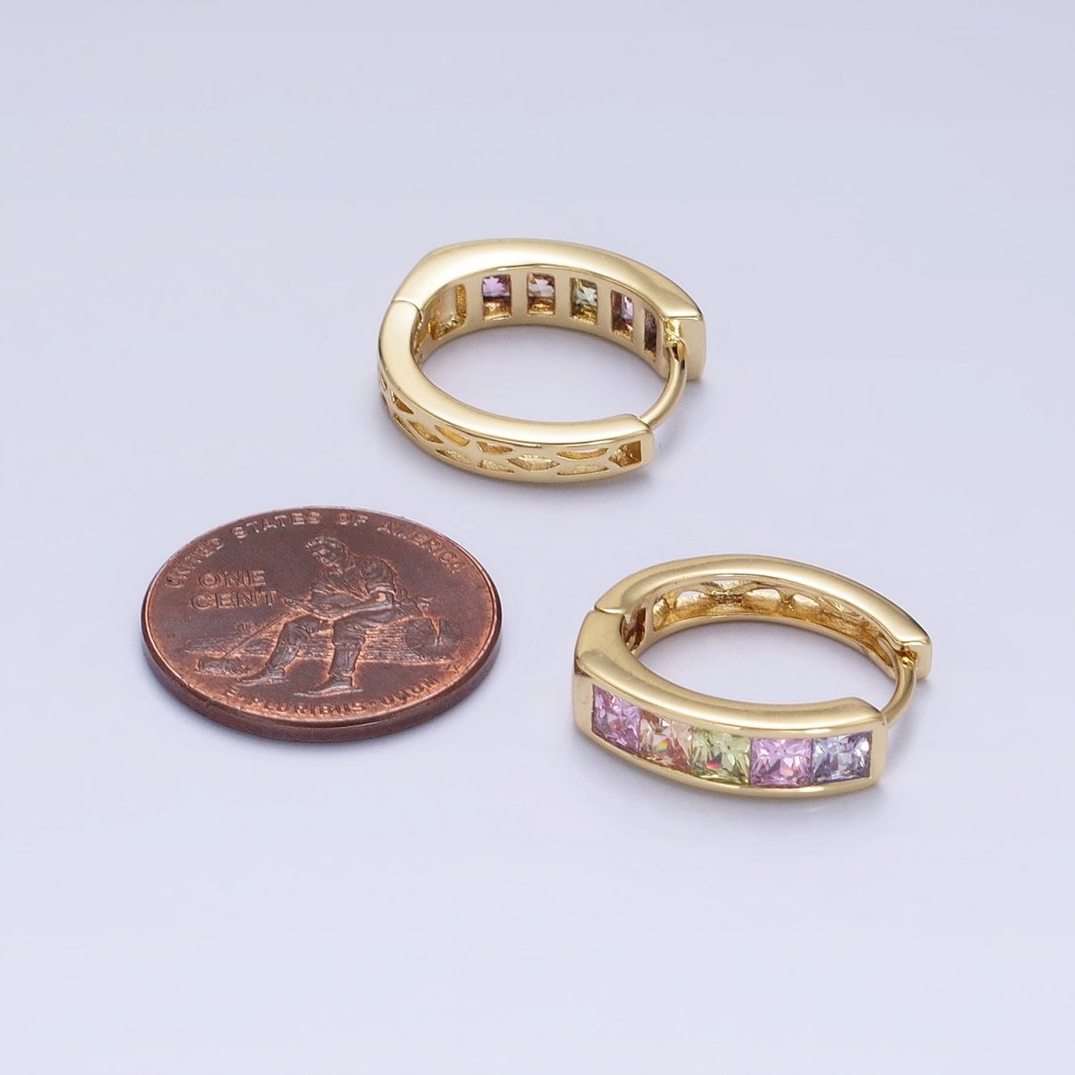 14K Gold Filled CZ Pastel Multicolor Square Checkered Huggie Earrings
