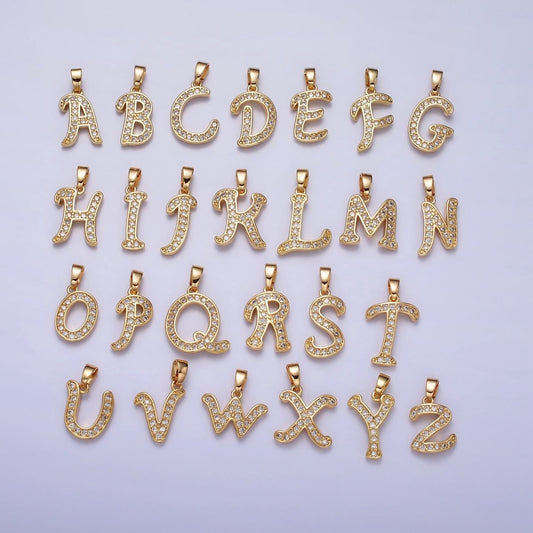 Gold Filled Dainty Initial Letter Script A-Z Micro Pave CZ Personalized Letter Pendant