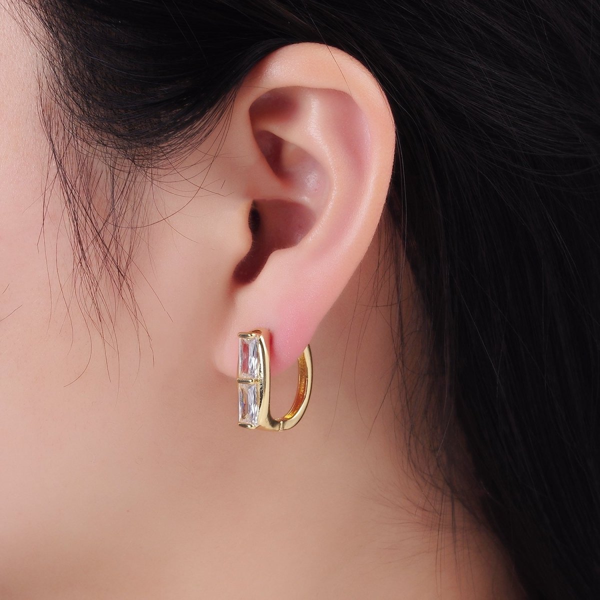 Simple 14K Gold Filled Double Clear CZ Baguette Lined 20mm Huggie Earrings