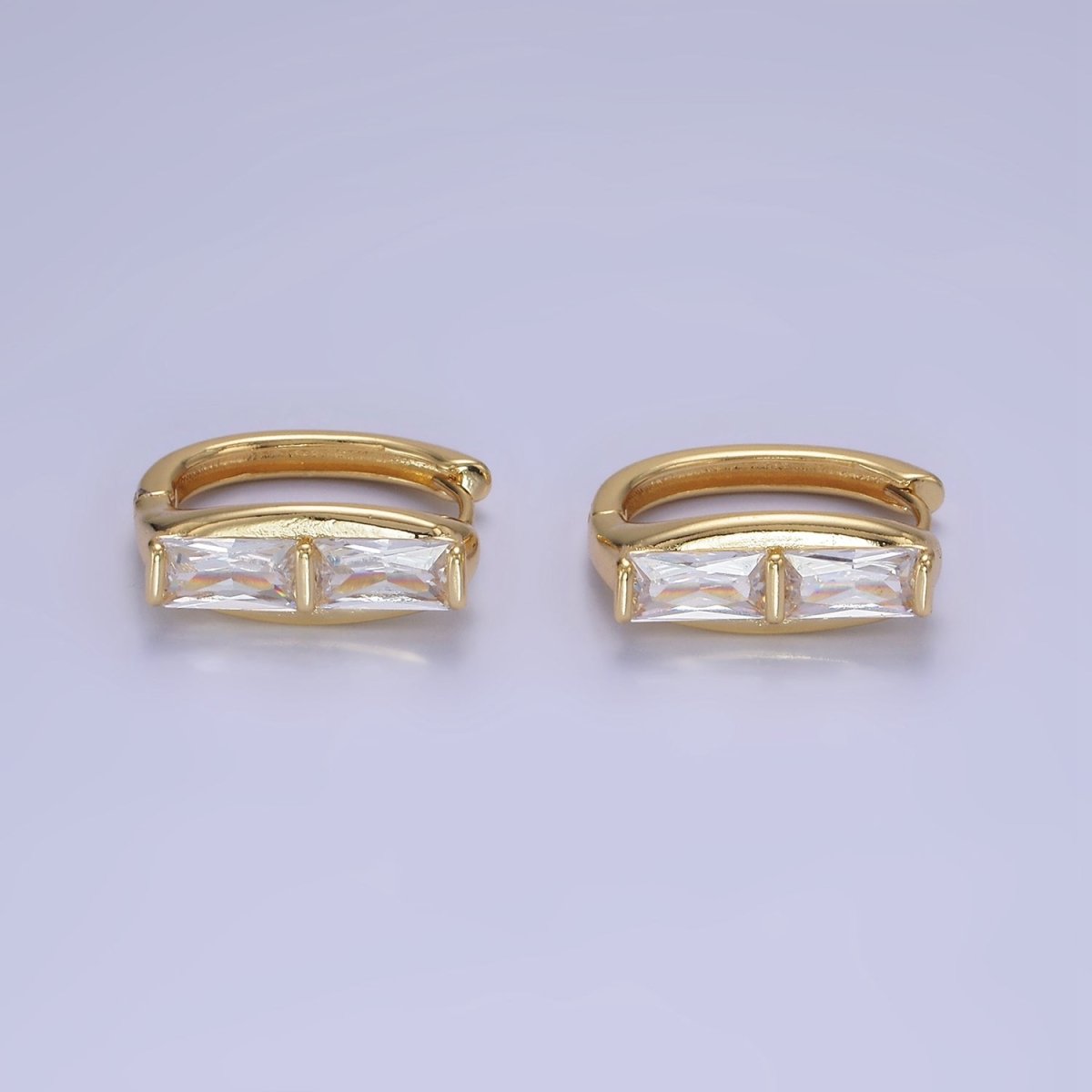Simple 14K Gold Filled Double Clear CZ Baguette Lined 20mm Huggie Earrings