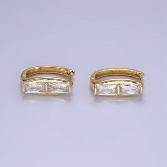 Simple 14K Gold Filled Double Clear CZ Baguette Lined 20mm Huggie Earrings