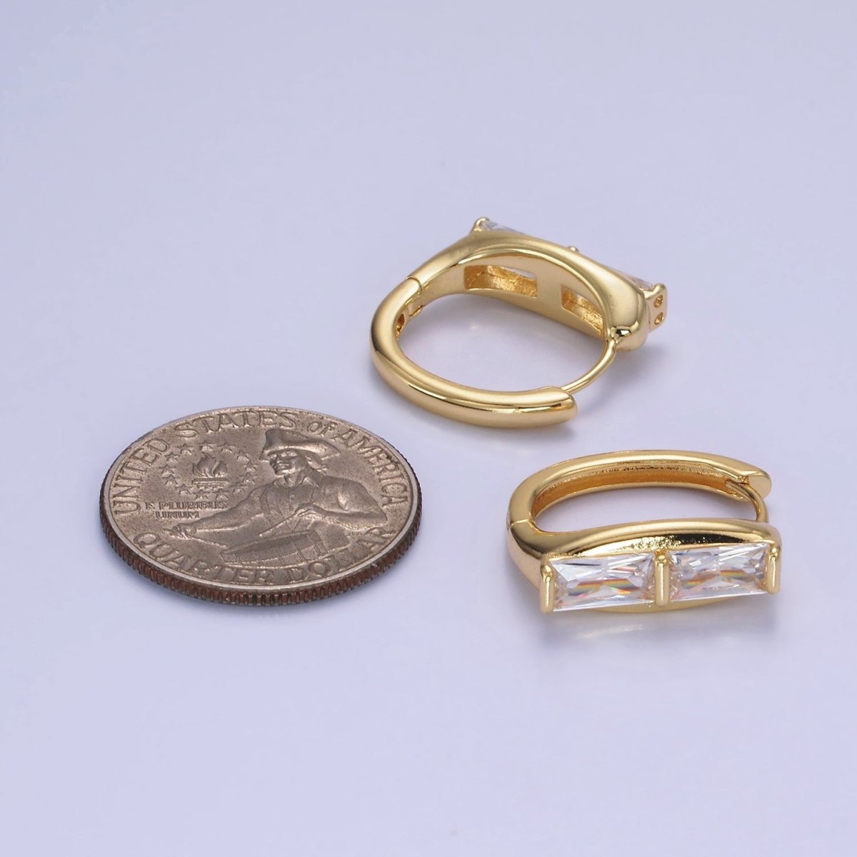 Simple 14K Gold Filled Double Clear CZ Baguette Lined 20mm Huggie Earrings
