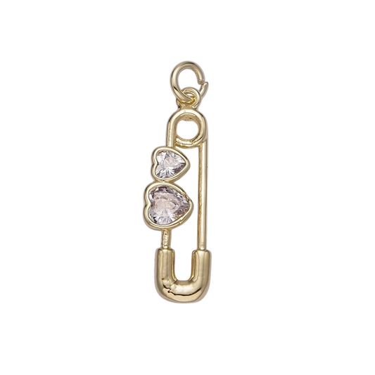 14K Gold Filled Double Clear CZ Heart Safety Baby Pin Charm