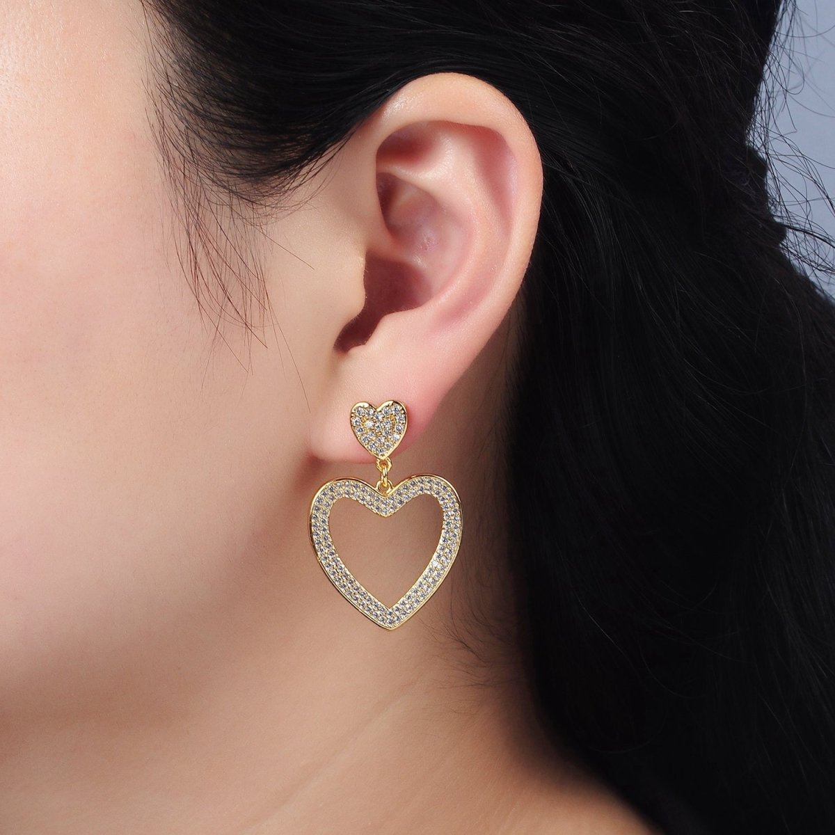 Beautiful 14K Gold Filled Double Heart Open Micro Pave CZ Drop Stud Earrings