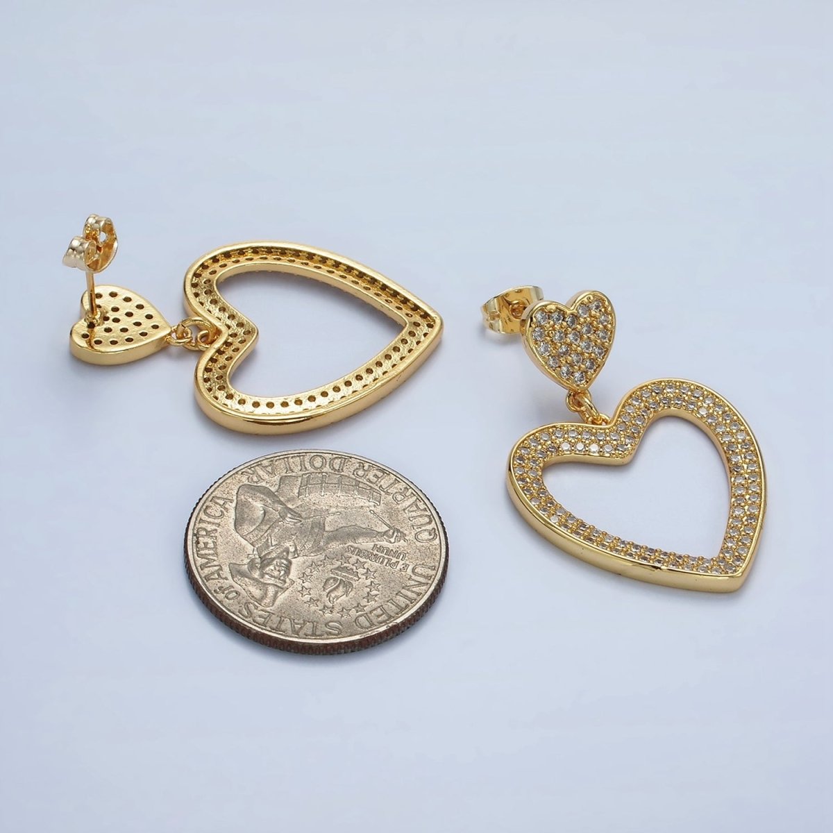 Beautiful 14K Gold Filled Double Heart Open Micro Pave CZ Drop Stud Earrings