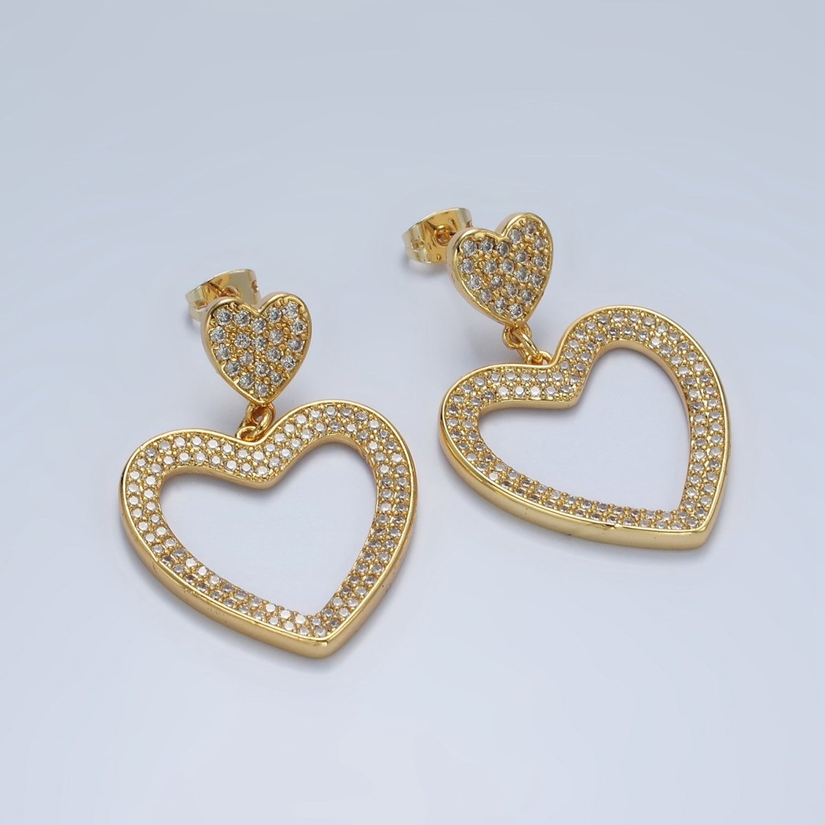 Beautiful 14K Gold Filled Double Heart Open Micro Pave CZ Drop Stud Earrings