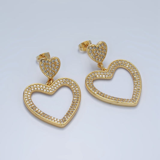 Beautiful 14K Gold Filled Double Heart Open Micro Pave CZ Drop Stud Earrings
