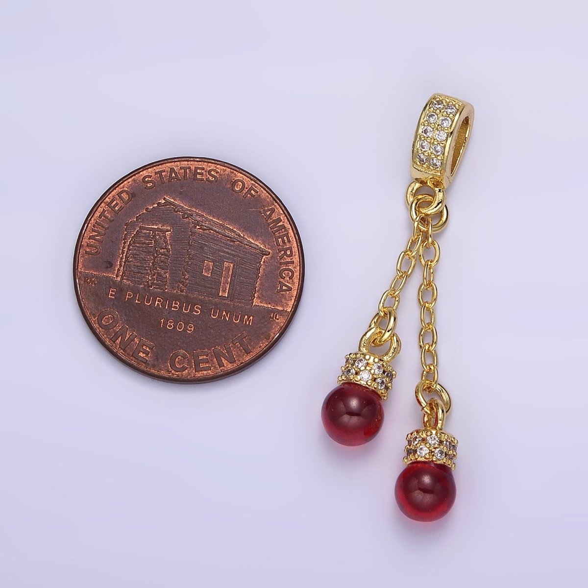 Gold-Filled 37mm x 5mm Double Red Carnelian Bead Cable Link Chain Micro Paved CZ Bail Pendant