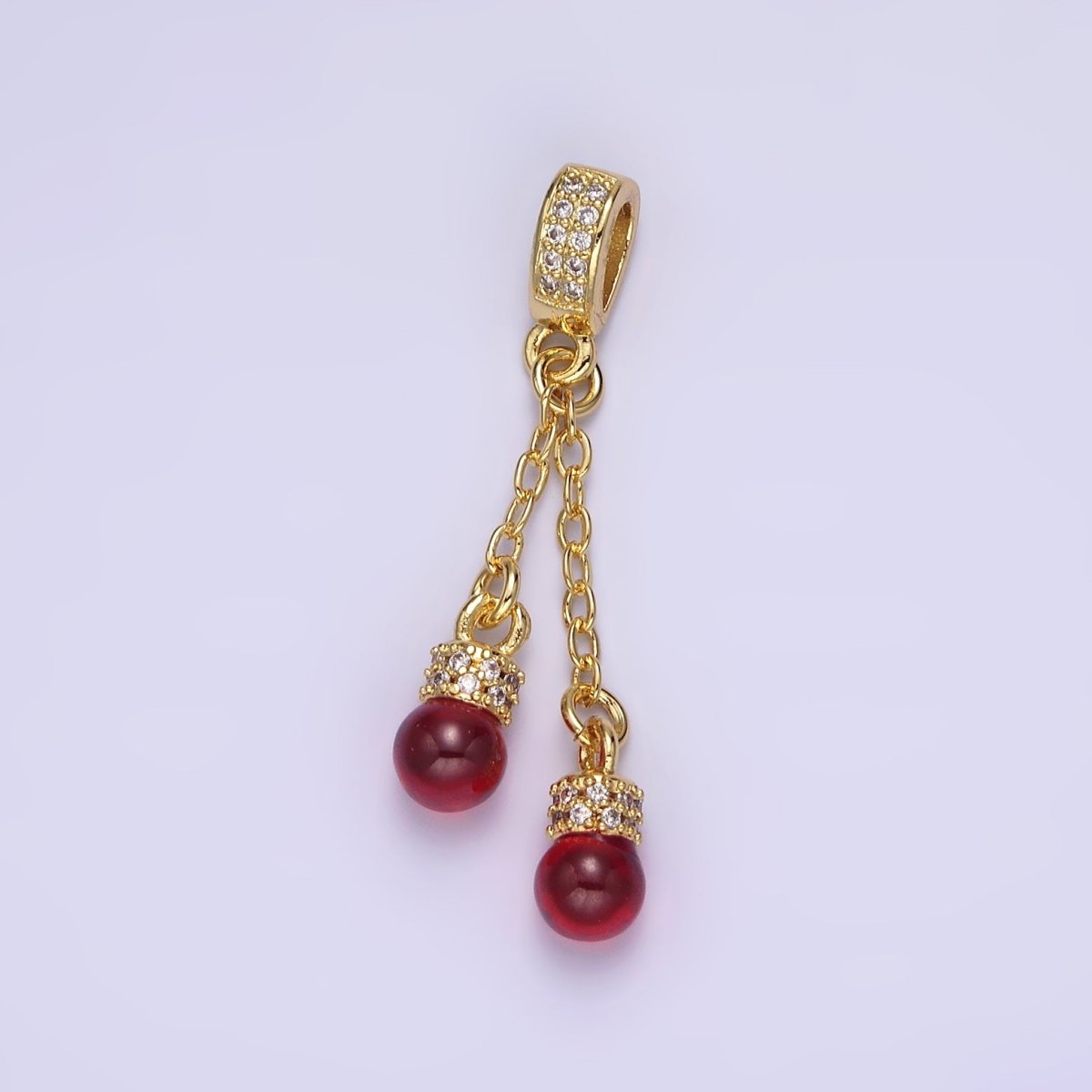 Gold-Filled 37mm x 5mm Double Red Carnelian Bead Cable Link Chain Micro Paved CZ Bail Pendant
