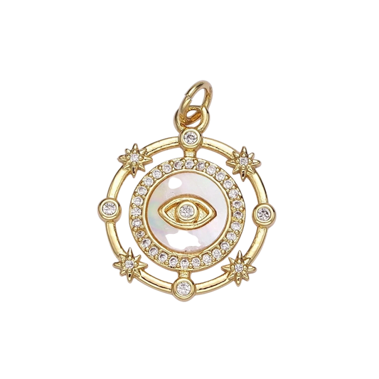 14K Gold Filled Evil Eye Shell Pearl Micro Paved CZ Celestial Star Dotted Round Charm