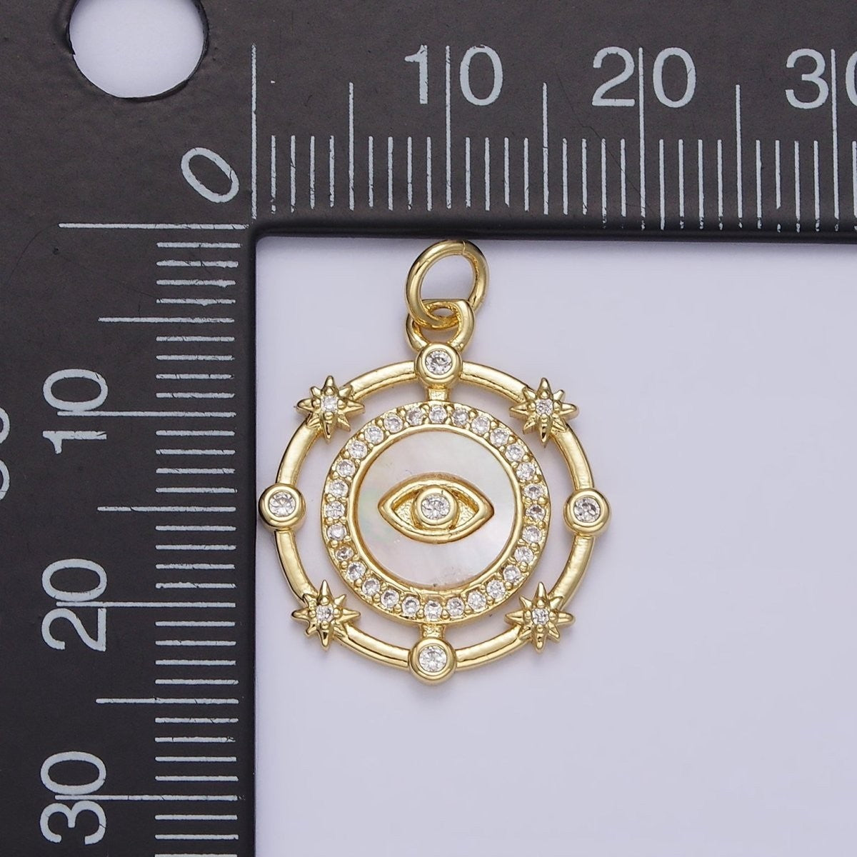 14K Gold Filled Evil Eye Shell Pearl Micro Paved CZ Celestial Star Dotted Round Charm