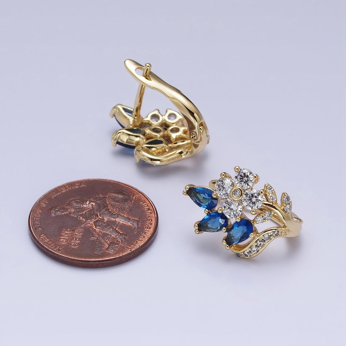 14K Gold Filled Flower Blue Teardrop Micro Pave CZ 13mm Earrings