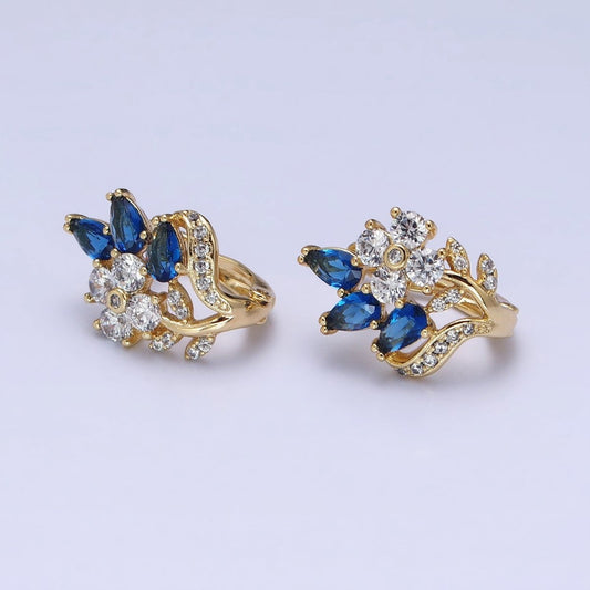 14K Gold Filled Flower Blue Teardrop Micro Pave CZ 13mm Earrings
