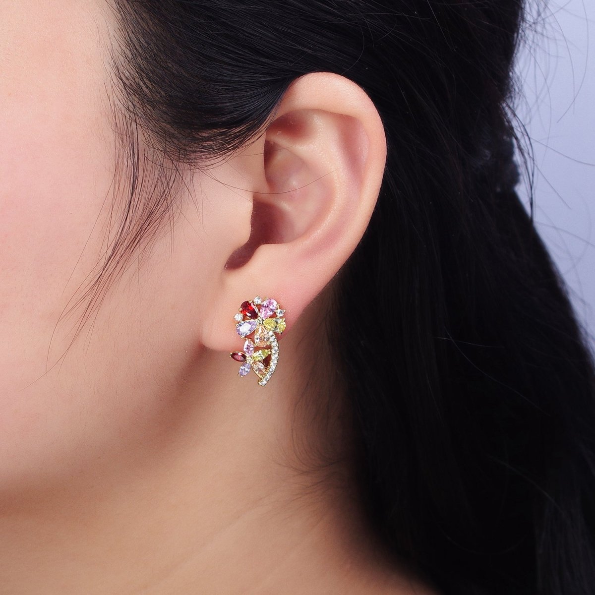 14K Gold Filled Flower CZ Multicolor Teardrop Marquise Micro Pave English Lock Hoop Earrings
