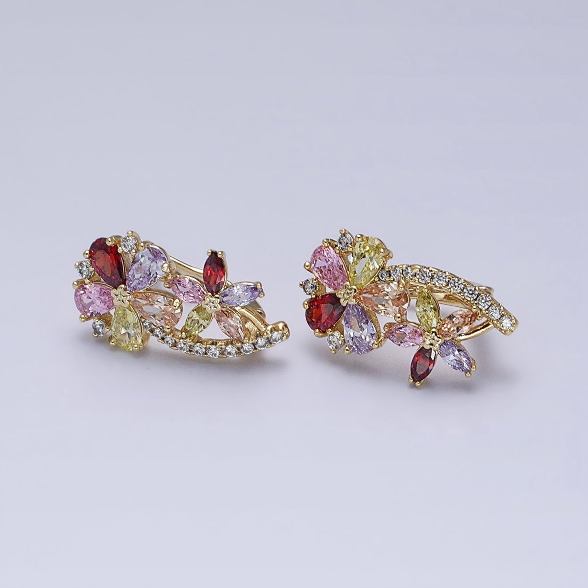 14K Gold Filled Flower CZ Multicolor Teardrop Marquise Micro Pave English Lock Hoop Earrings
