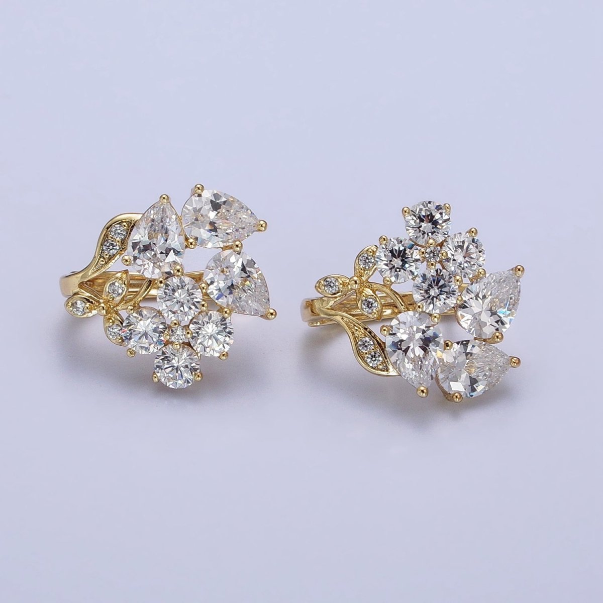 14K Gold Filled Flower Leaf Clear Black CZ Teardrop Quatrefoil Micro Paved Huggie Earrings