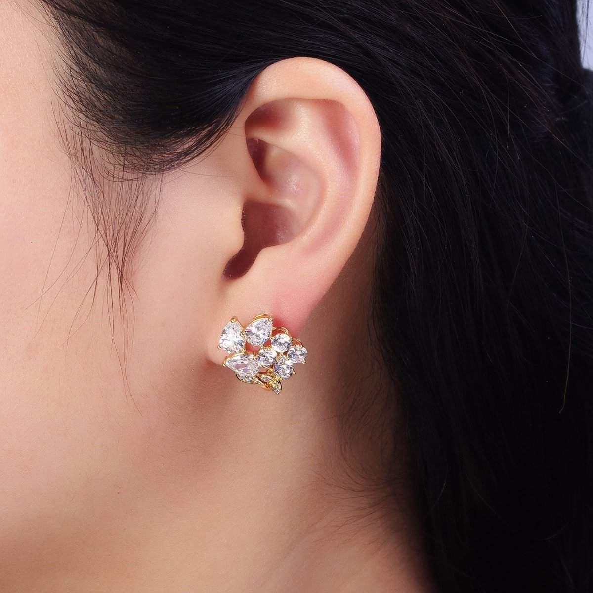14K Gold Filled Flower Leaf Clear Black CZ Teardrop Quatrefoil Micro Paved Huggie Earrings