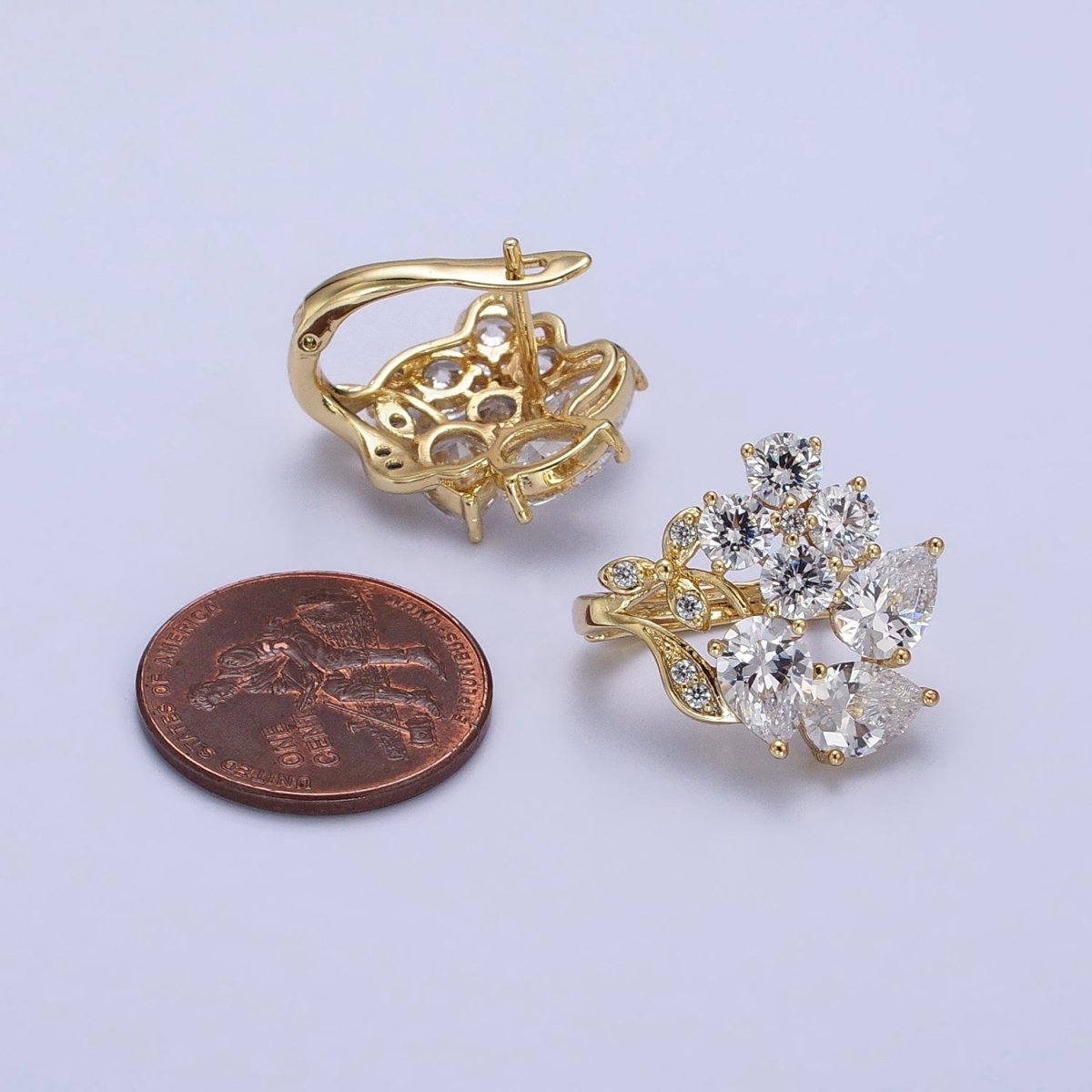 14K Gold Filled Flower Leaf Clear Black CZ Teardrop Quatrefoil Micro Paved Huggie Earrings
