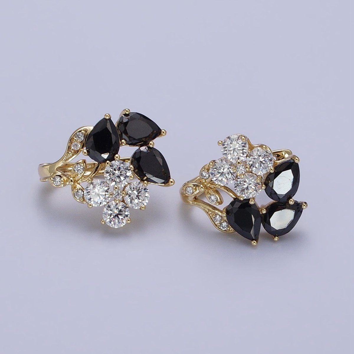 14K Gold Filled Flower Leaf Clear Black CZ Teardrop Quatrefoil Micro Paved Huggie Earrings
