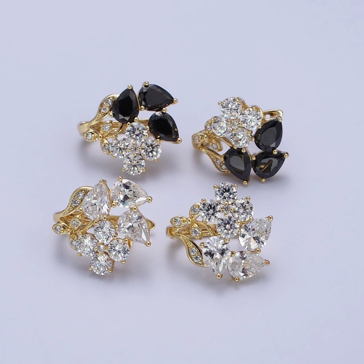14K Gold Filled Flower Leaf Clear Black CZ Teardrop Quatrefoil Micro Paved Huggie Earrings