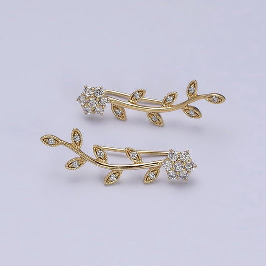 Delicate 14K Gold Filled Flower Leaves Clear CZ Ear Climber in Gold & Silver