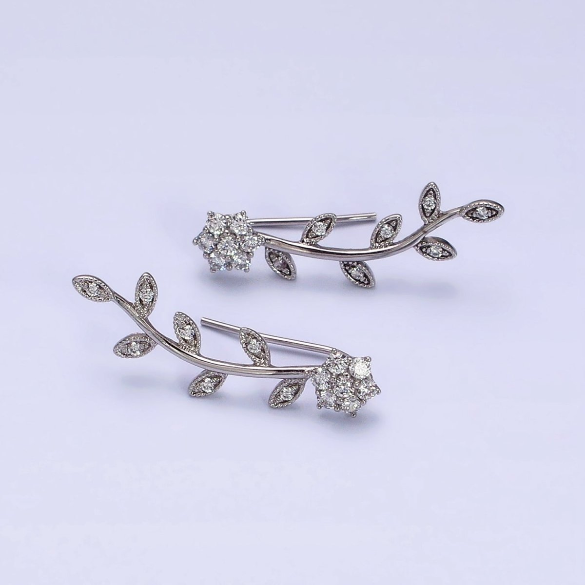 Delicate 14K Gold Filled Flower Leaves Clear CZ Ear Climber in Gold & Silver
