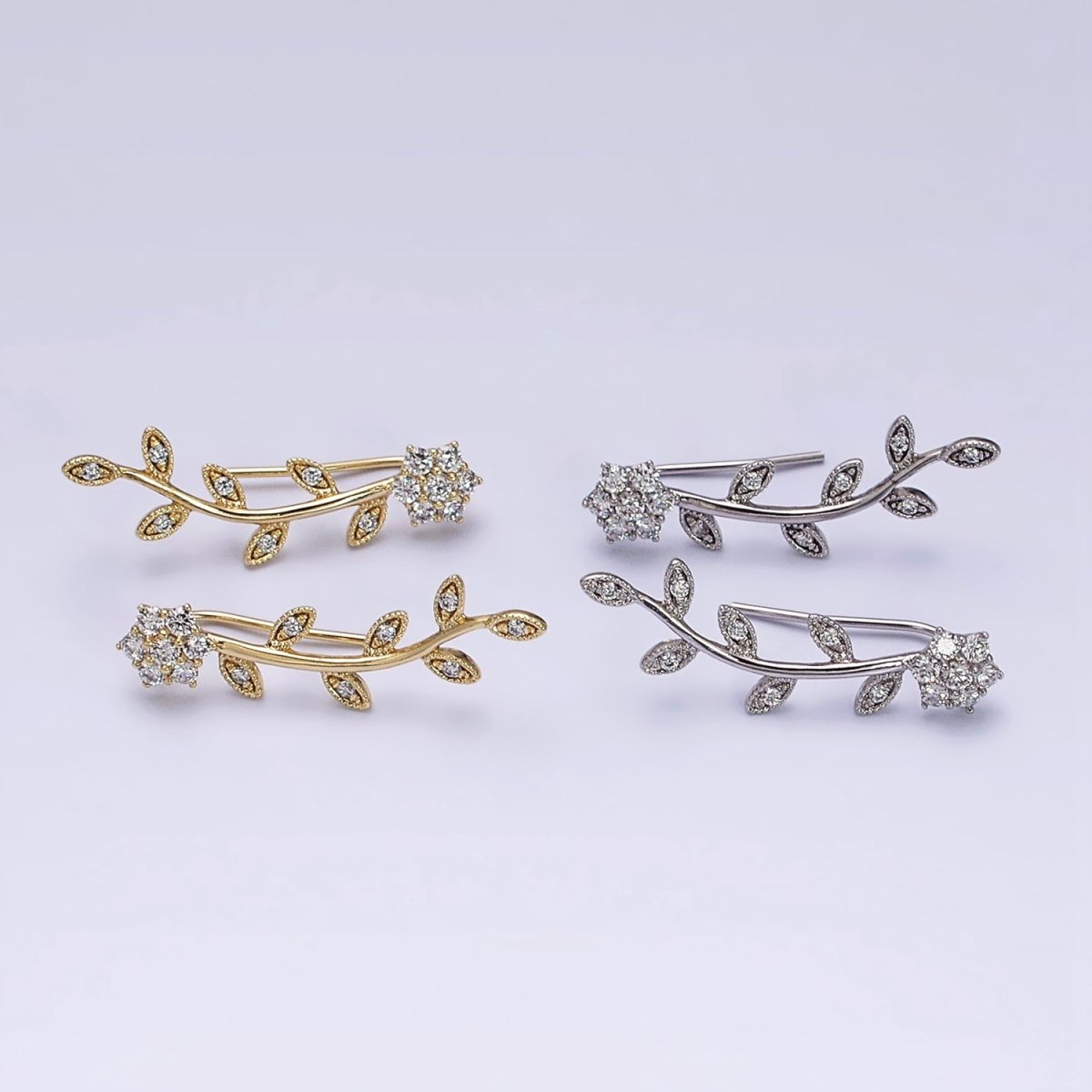 Delicate 14K Gold Filled Flower Leaves Clear CZ Ear Climber in Gold & Silver