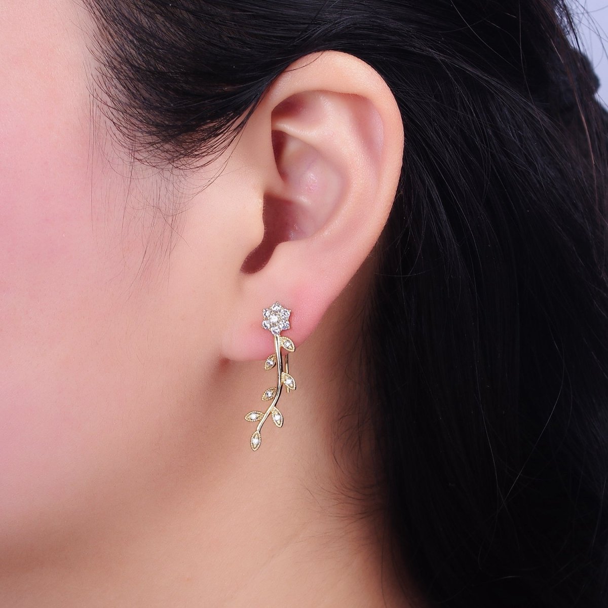 Delicate 14K Gold Filled Flower Leaves Clear CZ Ear Climber in Gold & Silver