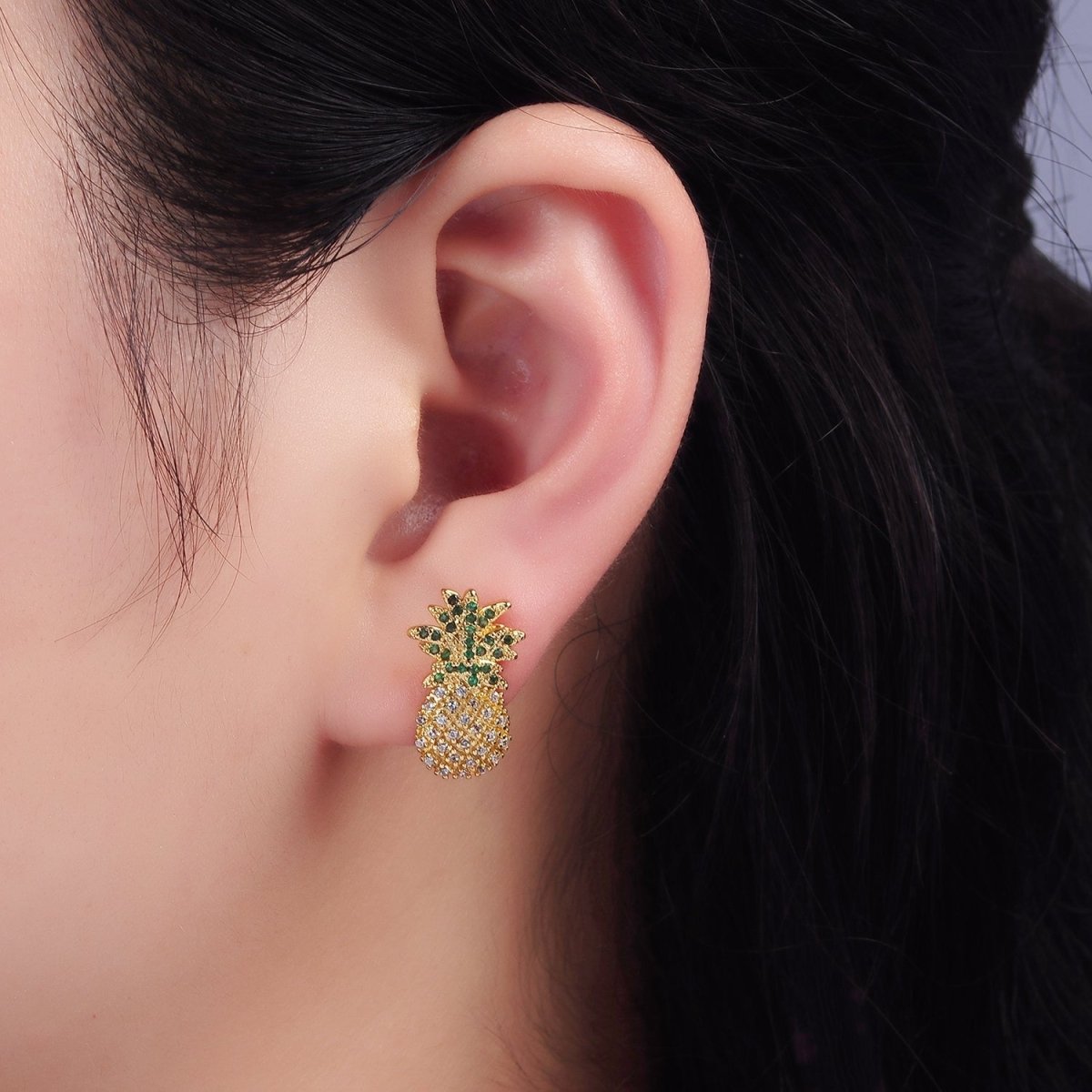 Sweet 14K Gold Filled Fruit Pineapple Micro Pave CZ Stud Earrings