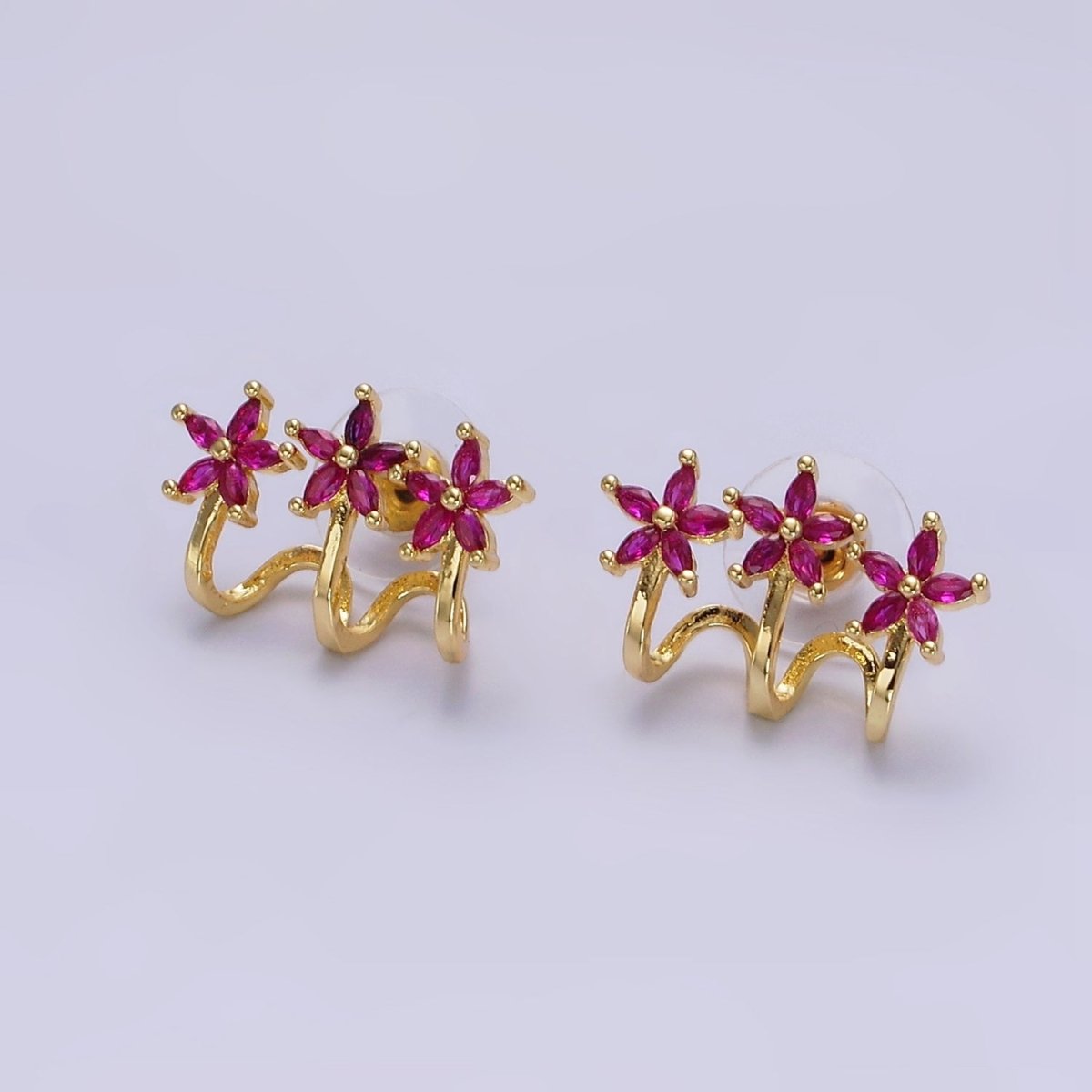 Trendy 14K Gold-Filled Green, Clear Fuchsia Marquise Flower Triple Ear Cuff Stud Earrings