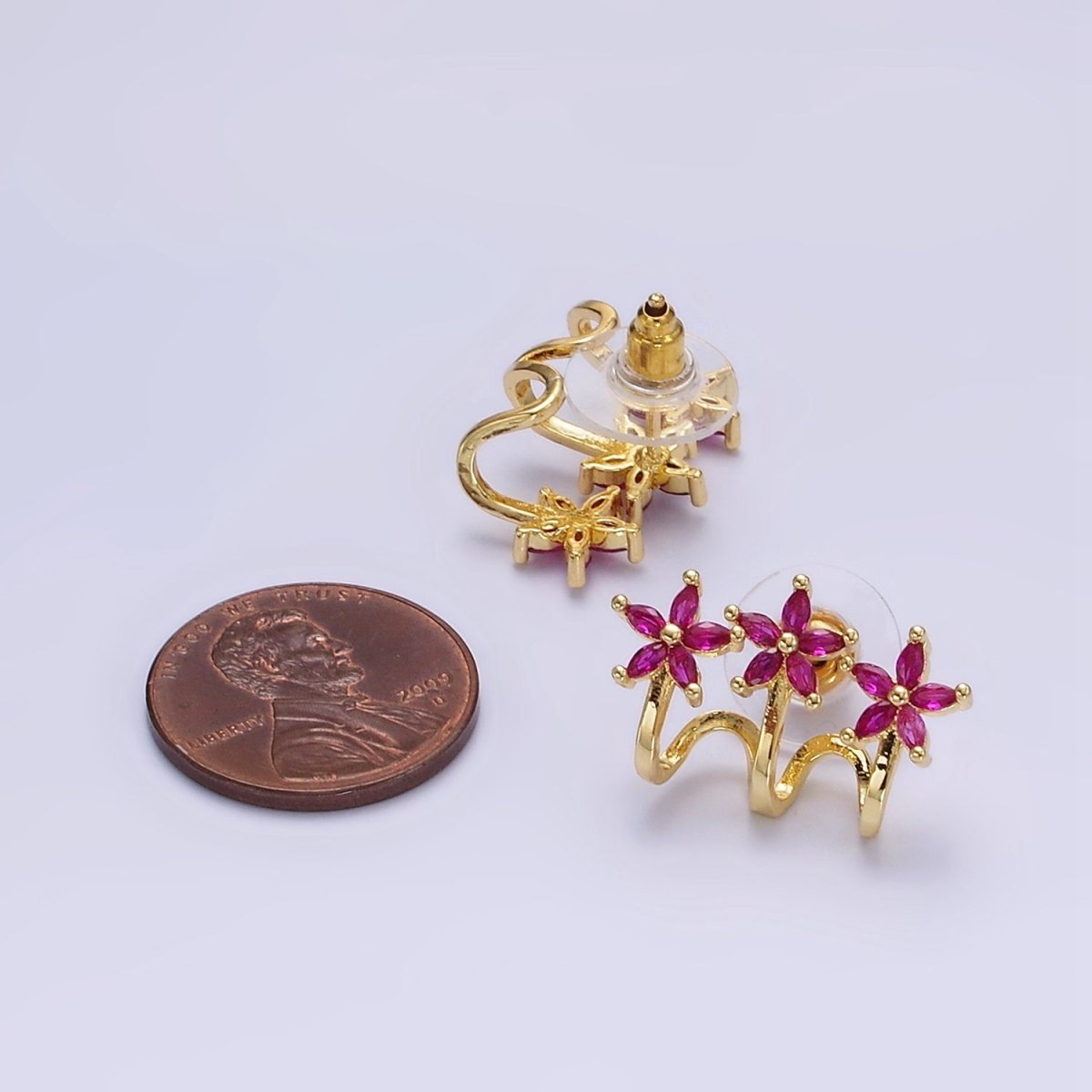 Trendy 14K Gold-Filled Green, Clear Fuchsia Marquise Flower Triple Ear Cuff Stud Earrings