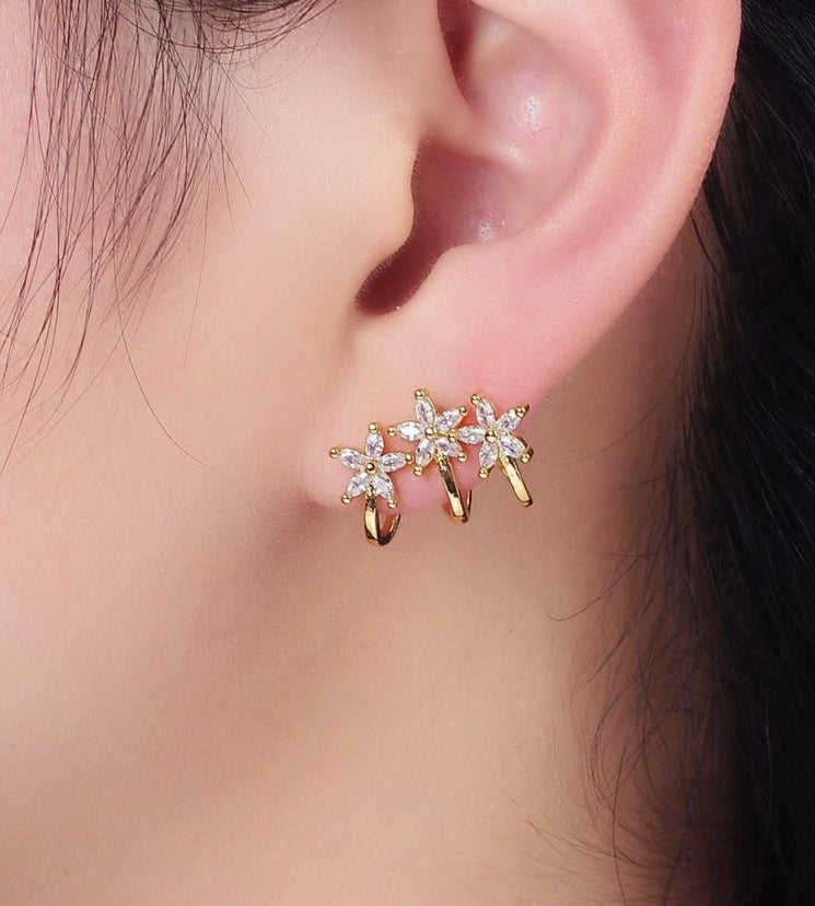 Trendy 14K Gold-Filled Green, Clear Fuchsia Marquise Flower Triple Ear Cuff Stud Earrings