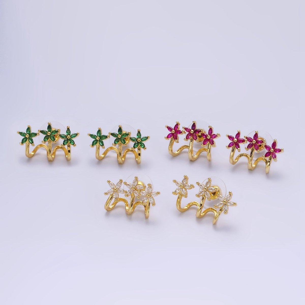 Trendy 14K Gold-Filled Green, Clear Fuchsia Marquise Flower Triple Ear Cuff Stud Earrings