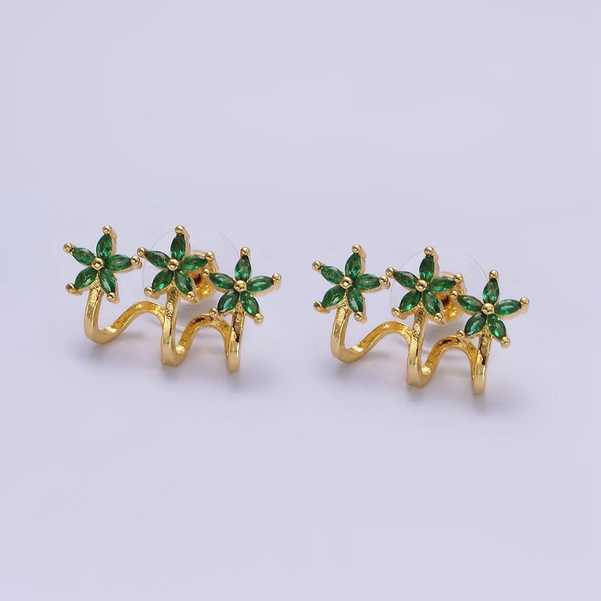 Trendy 14K Gold-Filled Green, Clear Fuchsia Marquise Flower Triple Ear Cuff Stud Earrings